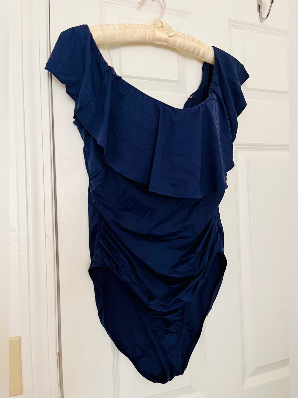 La Blanca Deep Navy One-Piece Swimsuit with On or Off-Shoulder Ruffle